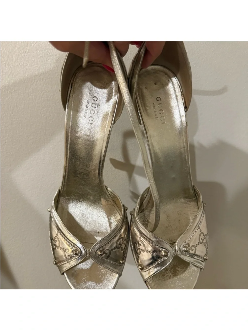 Gucci Metallic Gold Open-Toe Heels with GG Accent